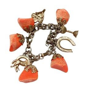 VTG Charm Bracelet Salmon Orange Lucite Horse Horseshoe Equestrian Lucky Retro